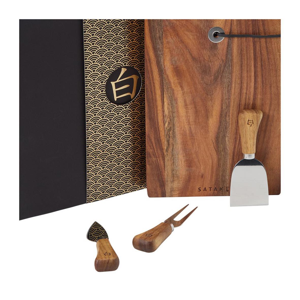 Ostset Satake Shiro bricka kniv spateln gaffel i akaciainramning