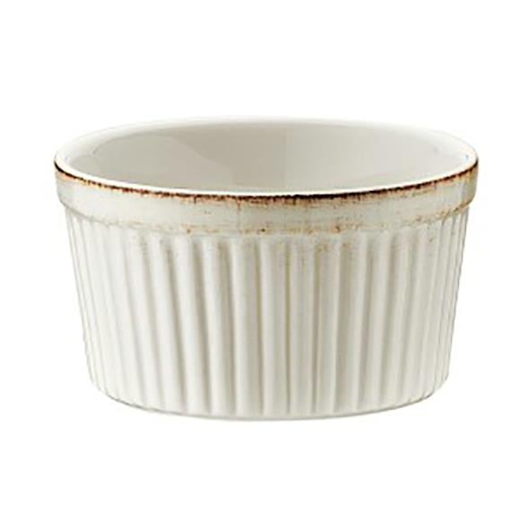 Vit skål med ränder och brunt kantband, Ø9cm, retrostil