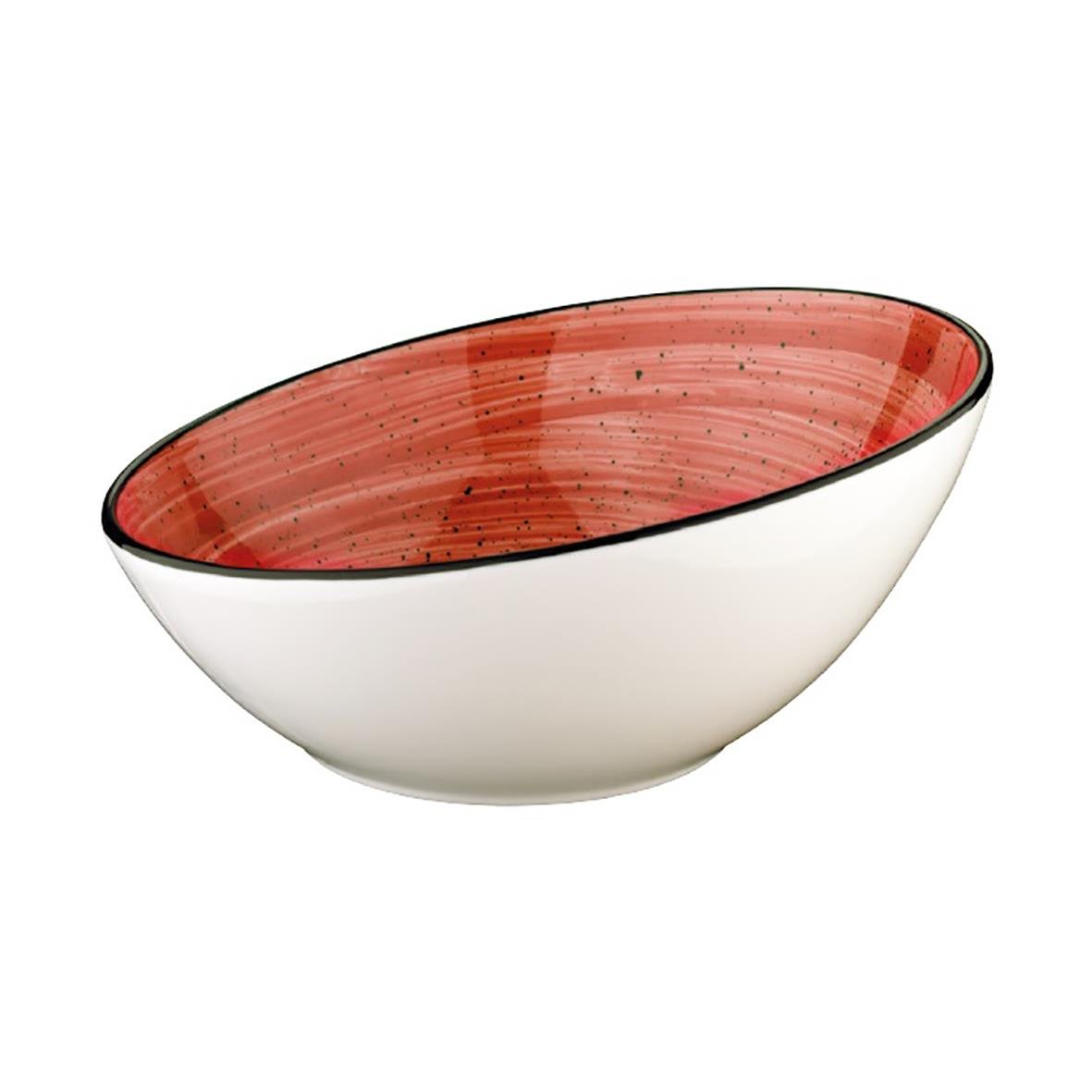 Vit skål med röd insida och svart kant, oval form, diameter 8 cm