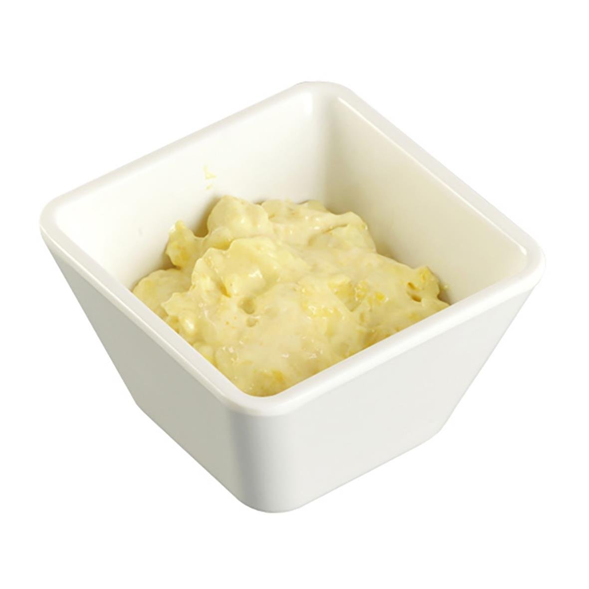 Kvadratisk vit melamin skål med mat, mått 90x90x55 mm