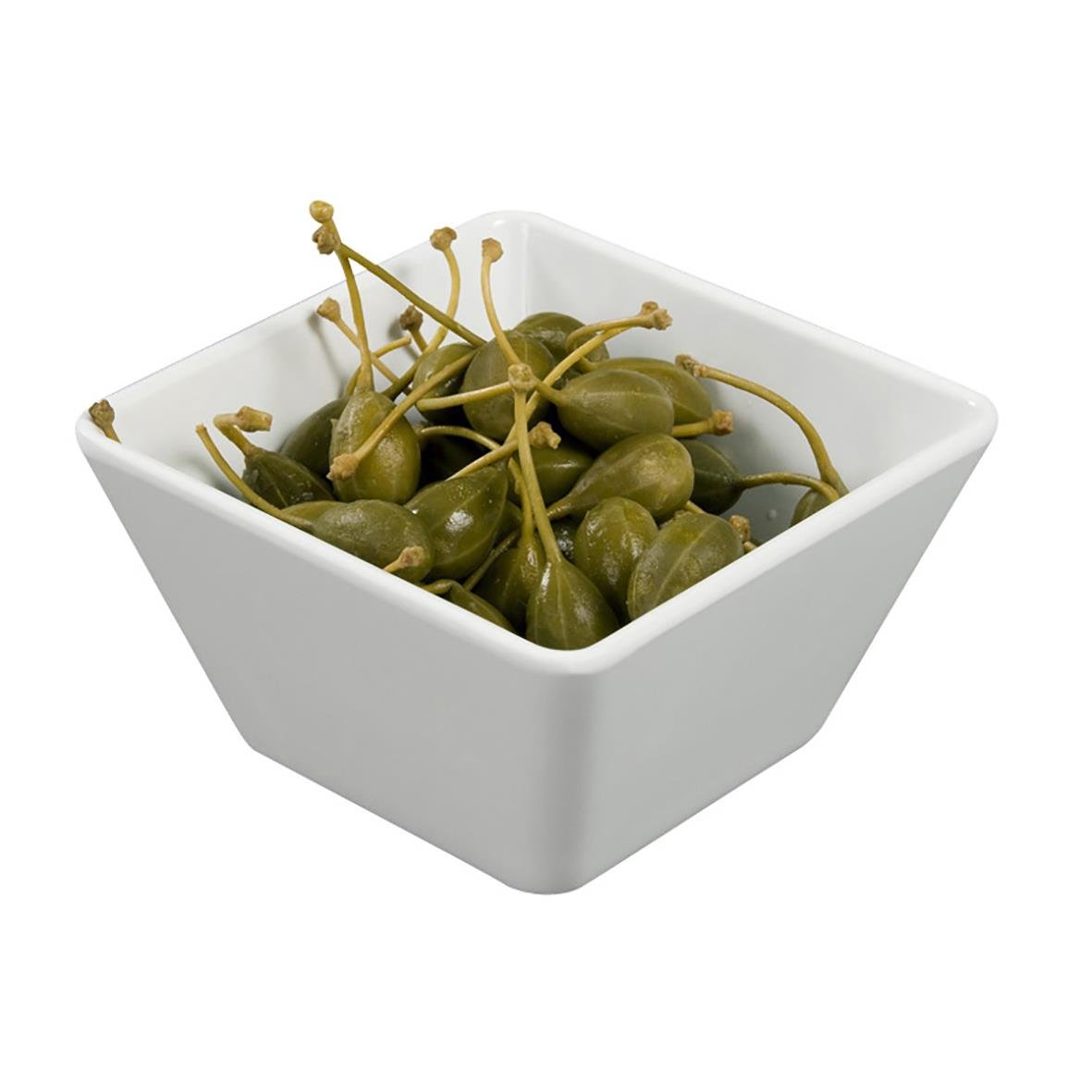 Kvadratisk vit melamin skål med gröna kaprisar, mått 130x130x70 mm