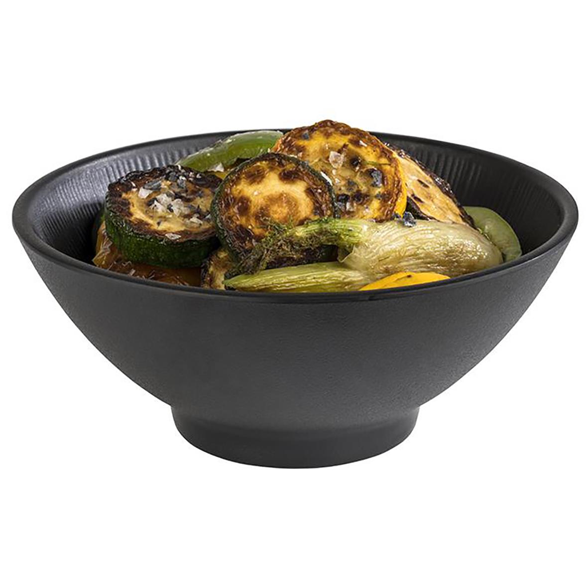 Svart melamin skål med zucchini och aubergine, diameter 19cm