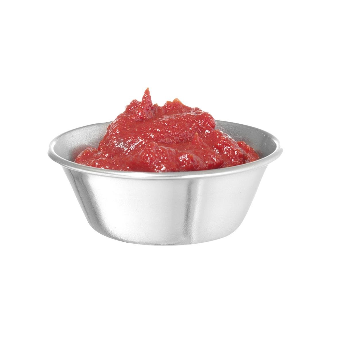 Rund rostfri skål med 4,5cl kapacitet och diameter 62mm, fylld med röd fruktpuré eller sås