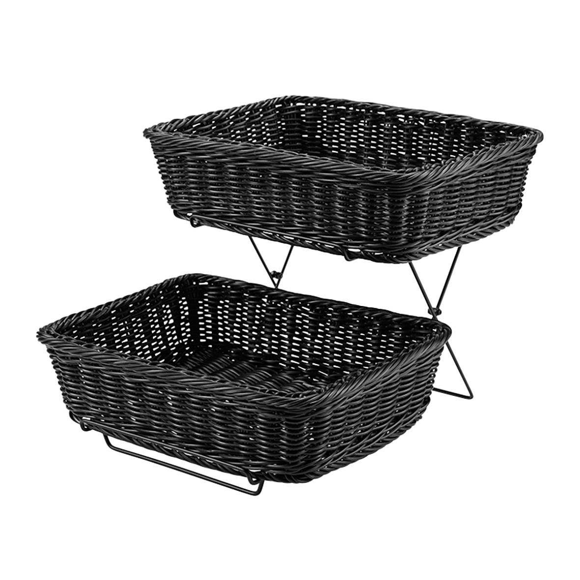 Svart displayställ med två rektangulära brödkorgar i plast, 36x27x9cm