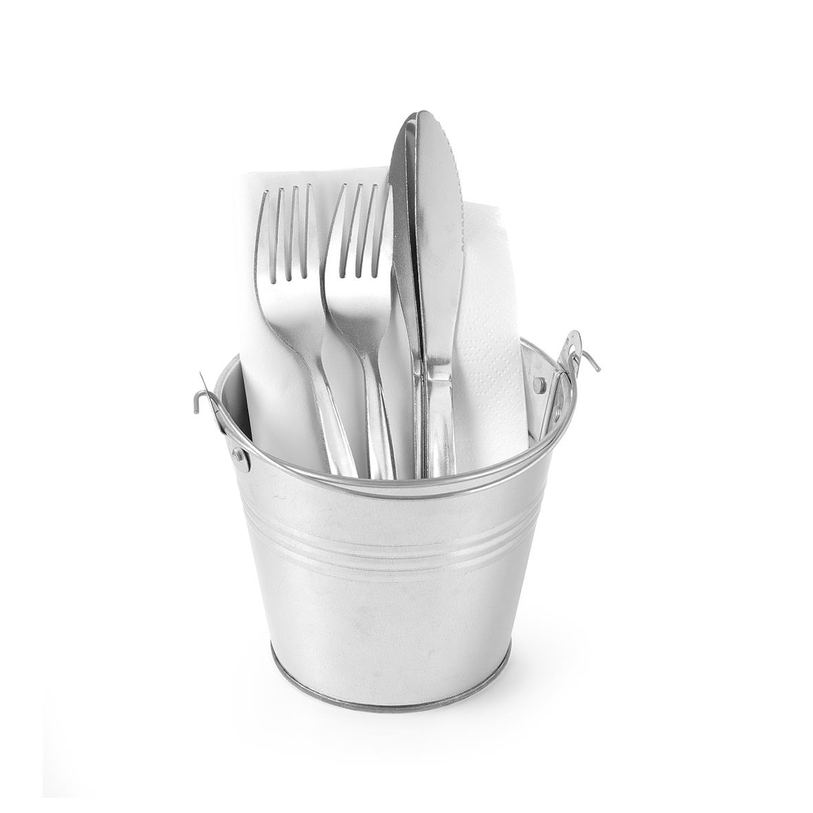 Galvaniserad hink med handtag och bestick i metall