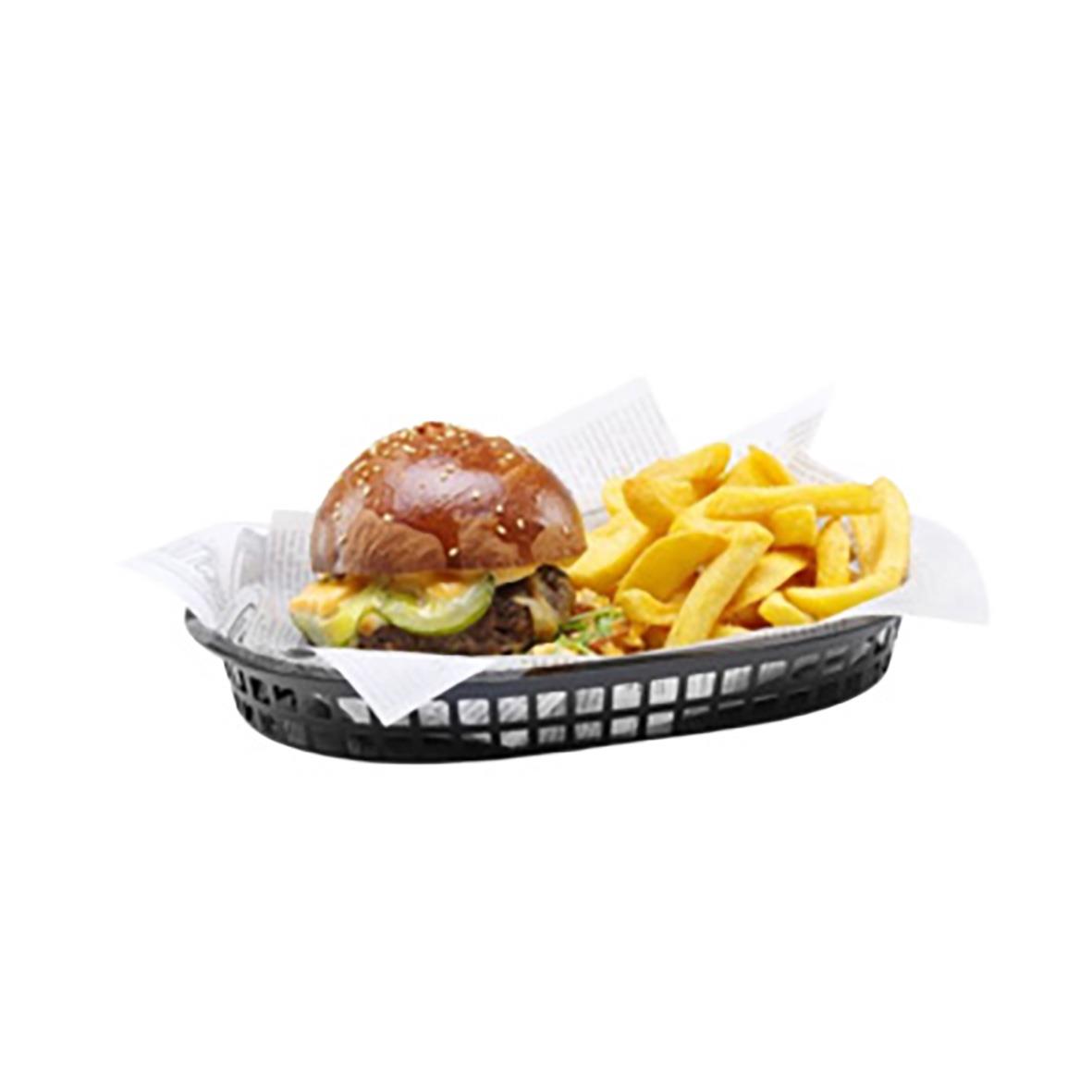 Serveringskorg Hendi Oval PP Svart 275x175x38mm med hamburgare och pommes frites