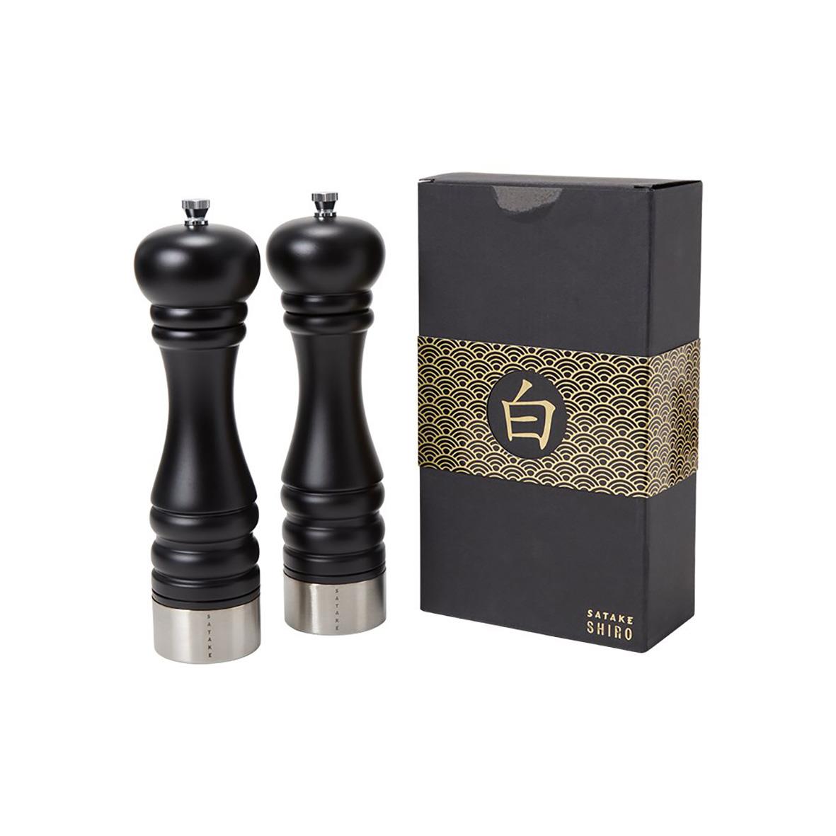 Svarta salt- och pepparkvarnar Satake Shiro 25cm med förvaringsbox