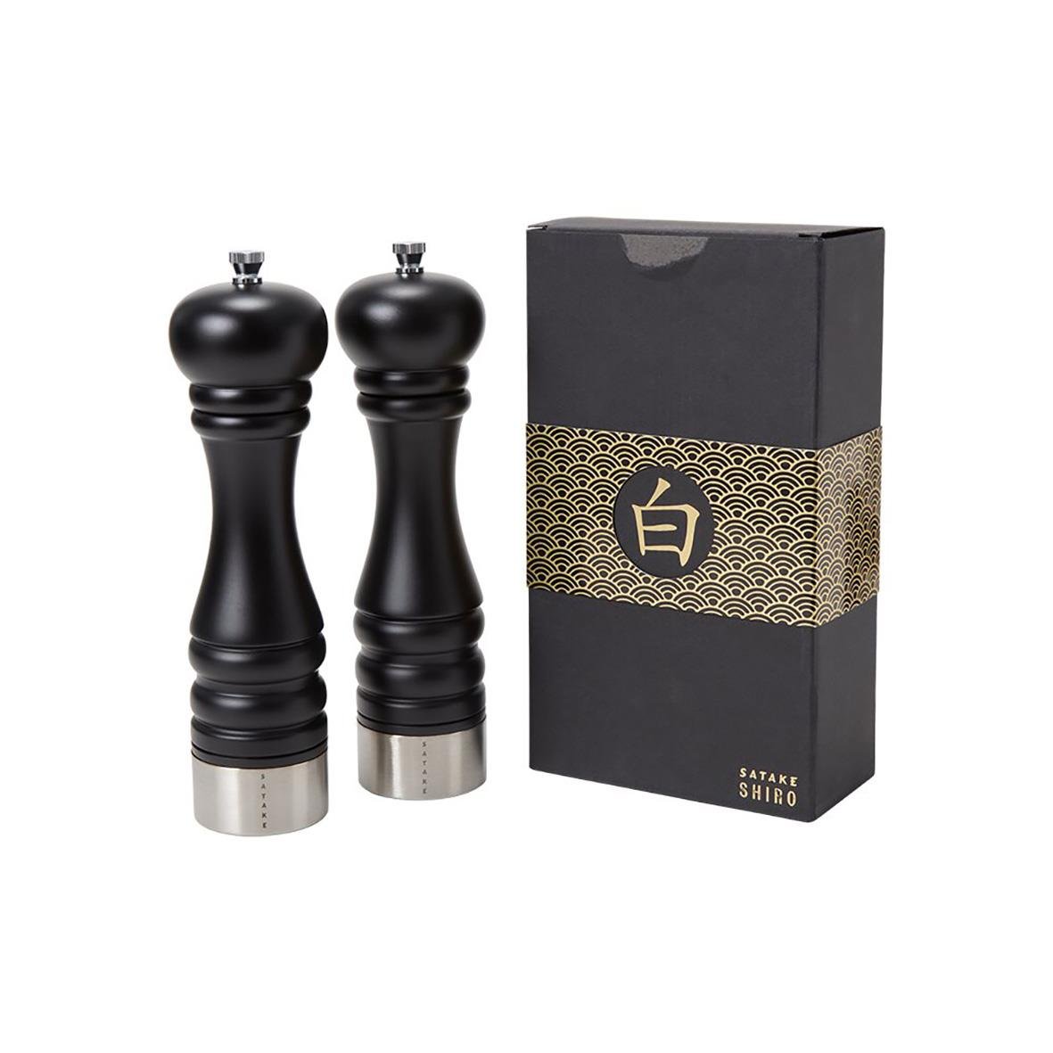 Svarta salt- och pepparkvarnar Satake Shiro 25cm med förvaringsbox