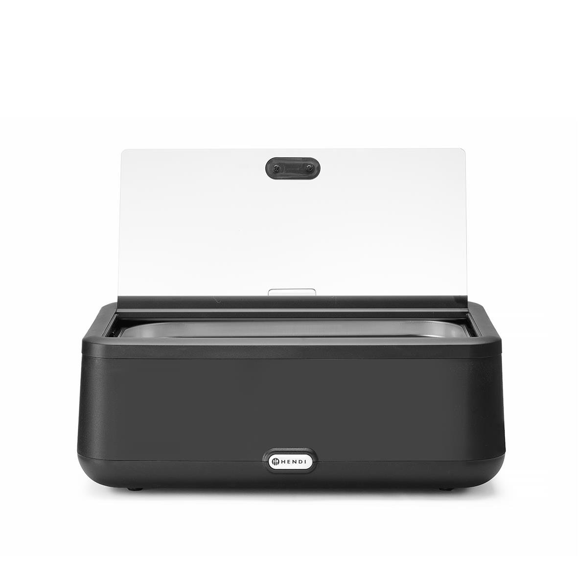 Svart chafing dish Hendi Hedi Uniq med lock och måtten 607x402x245mm