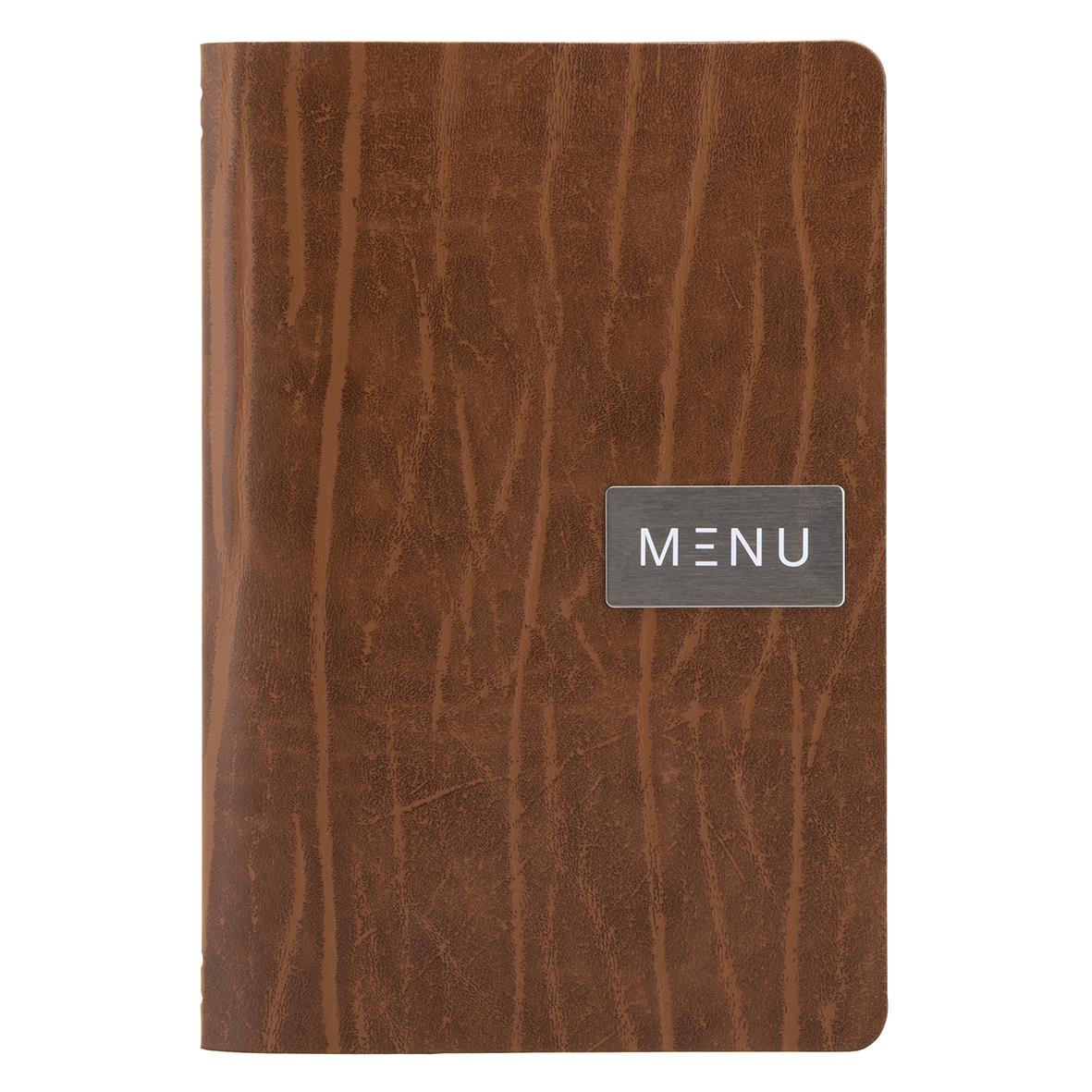 Menypärm i brunt läder med Securit Ruga design och ett metalletikett med texten MENU