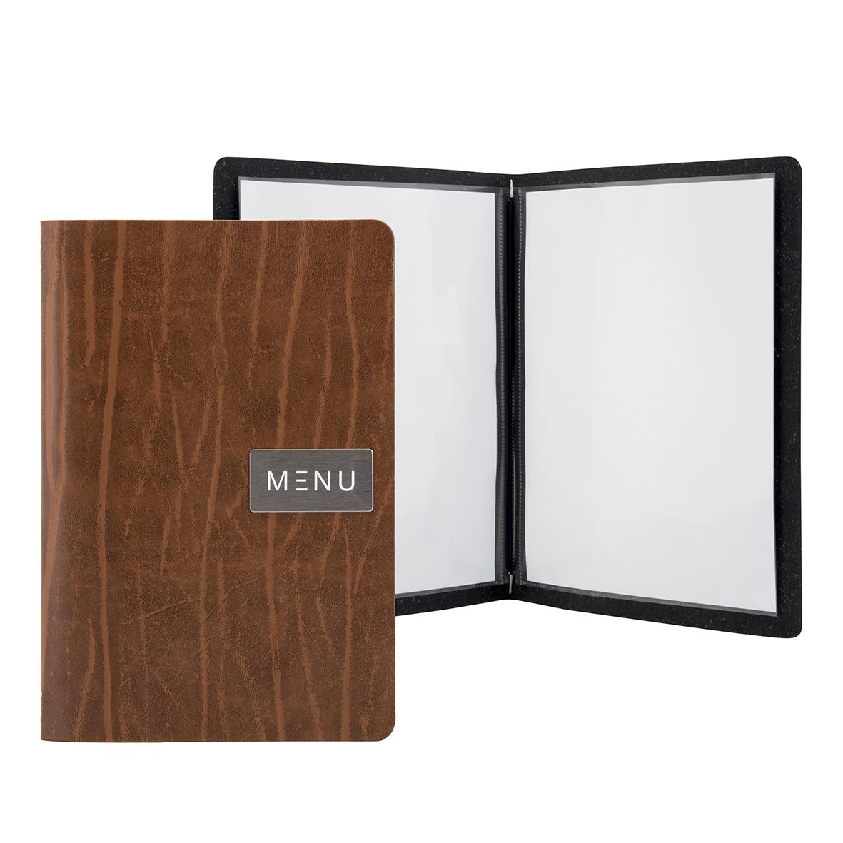 Menypärm i brunt läder med svart inre och plats för meny eller dokument