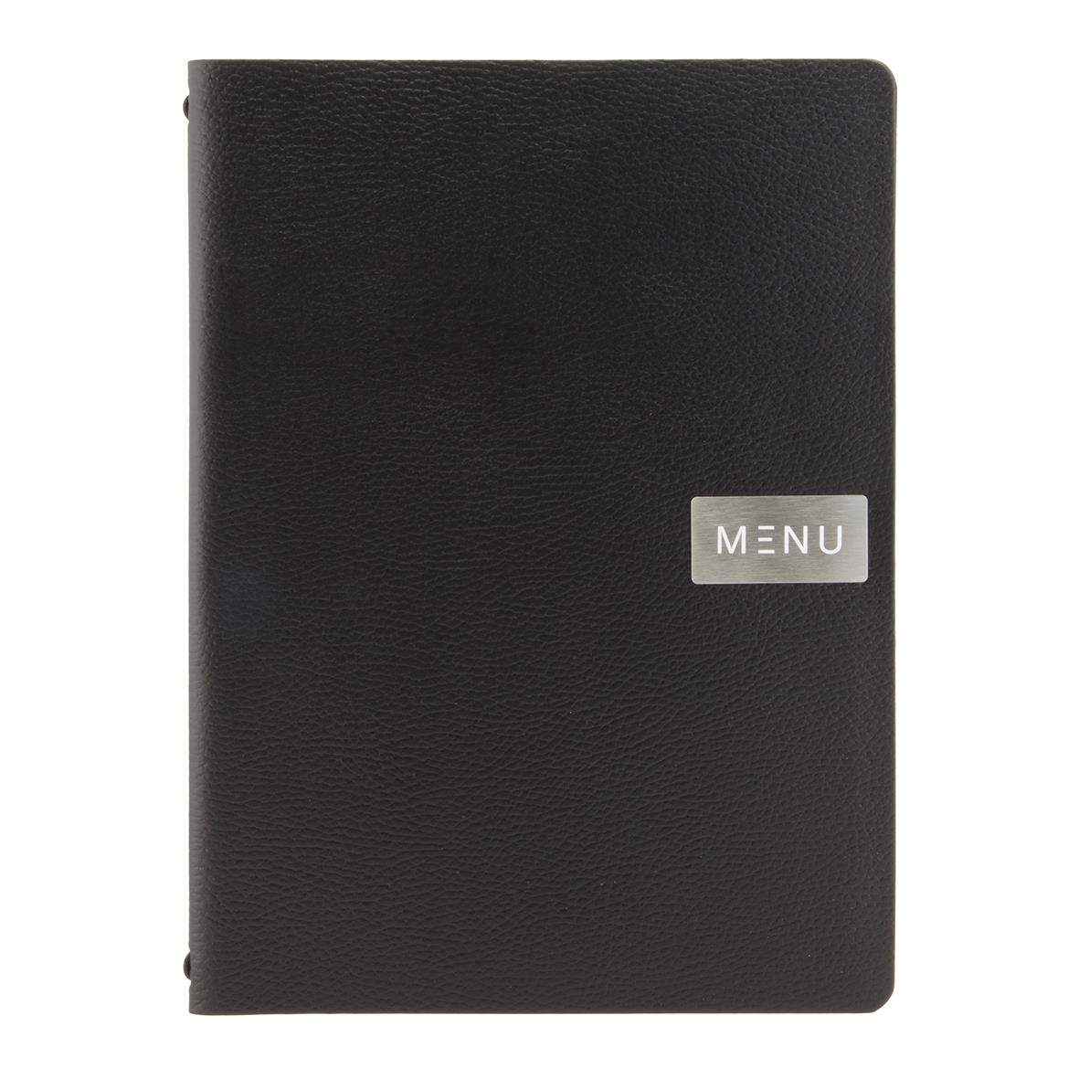 Svart menypärm i plast med etikett MENU för A4-format