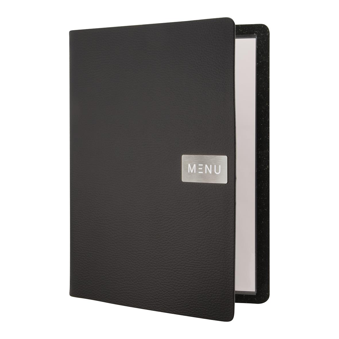 Svart menypärm i plast för A4 med säkerhetsfunktion och menyetikett