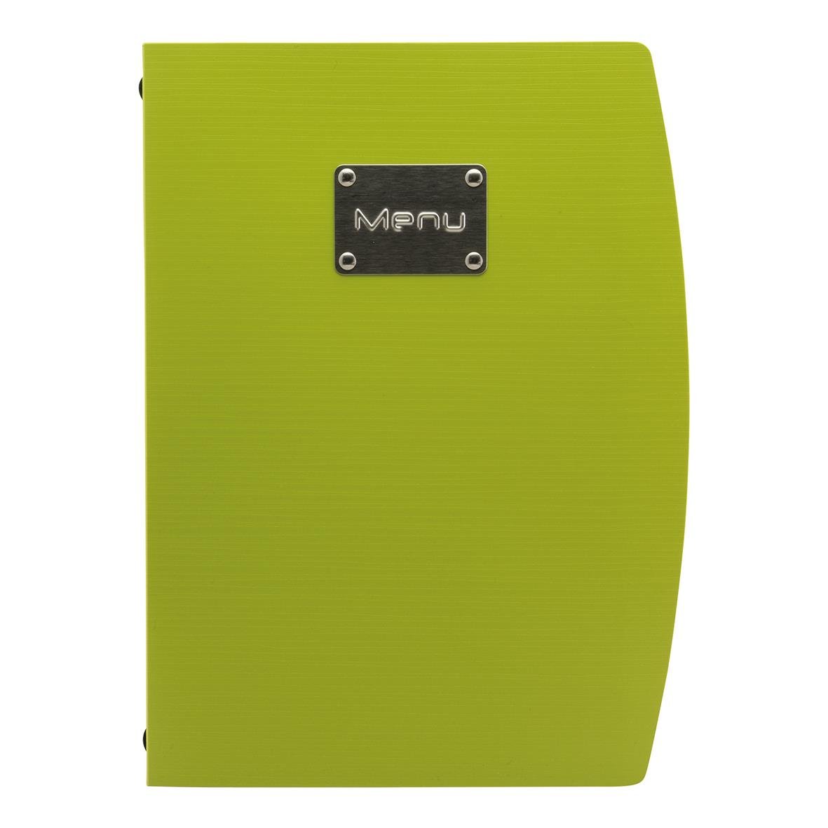 Grön A4 menypärm med metallplatta märkt Menyu från Securit Rio