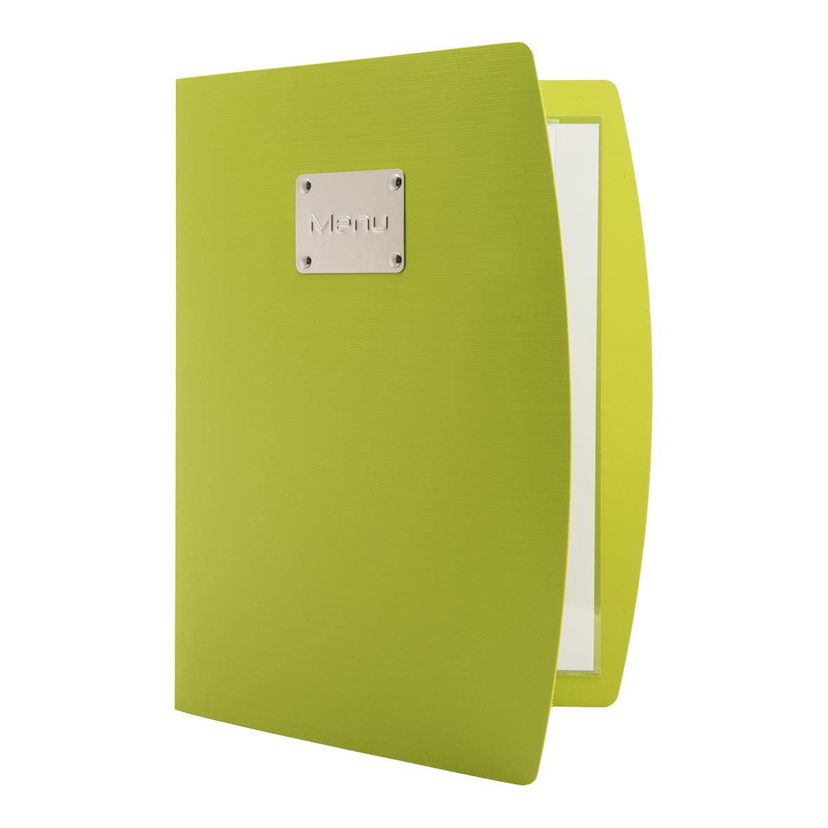 Grön A4 menypärm från Securit Rio med metallnamnskylt