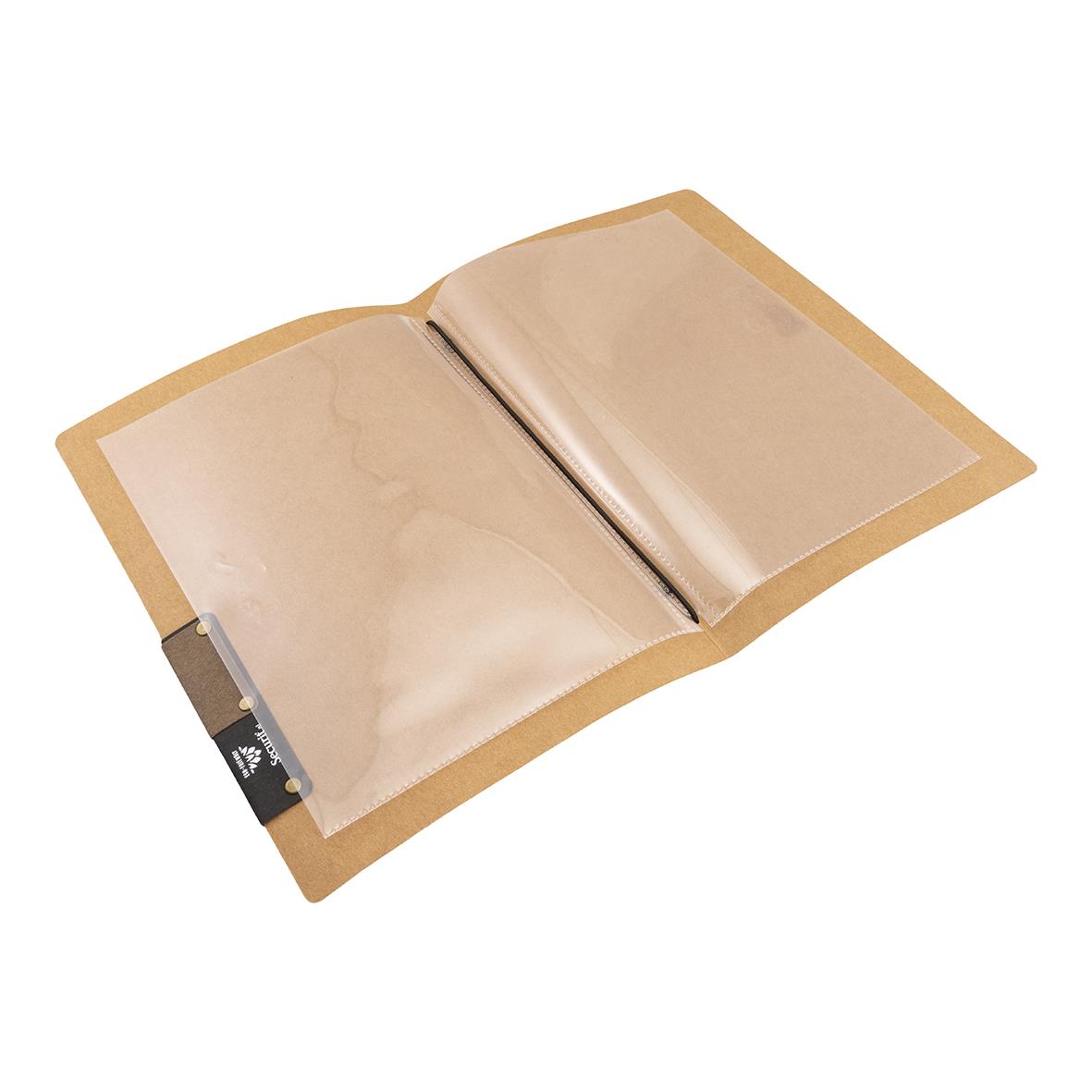 Menypärm Securit Nature Beige A5 öppen med plastfickor för dokument