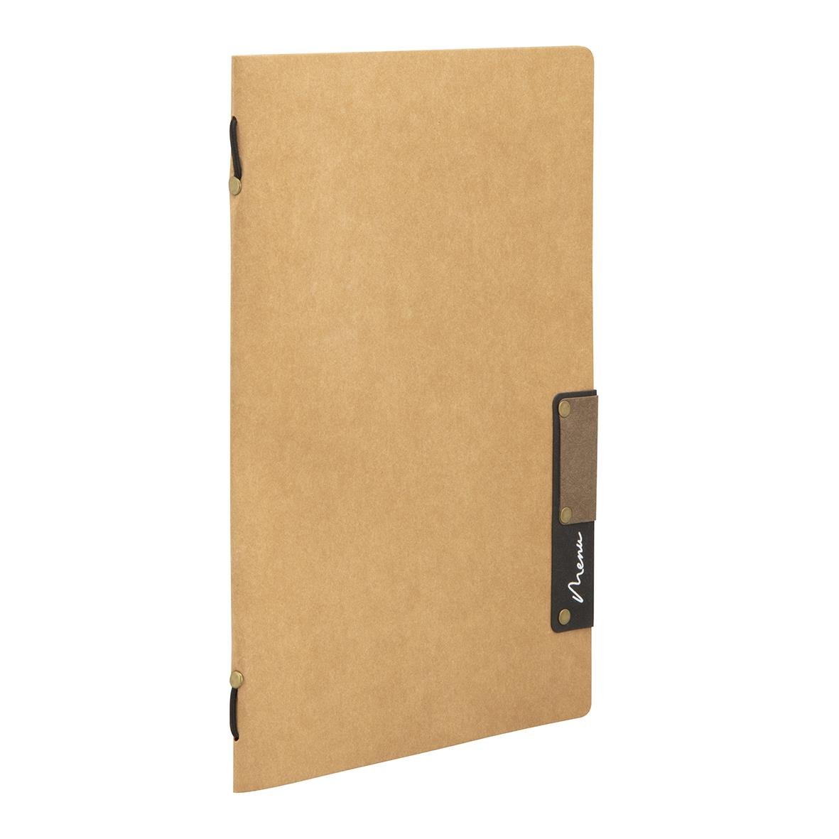 Beige A5 menypärm i kraftigt material med etikettfönster och säkerhetsfunktion