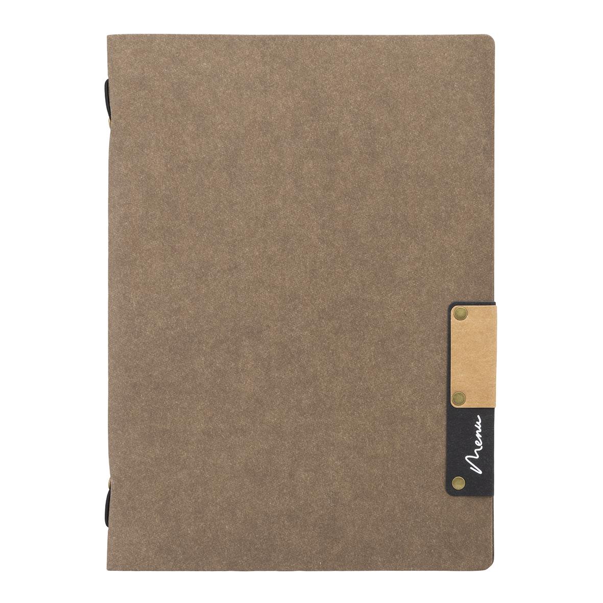 Menypärm Securit Nature Brun A5 i kraftigt naturfärgat material med svart etikett och guldiga detaljer