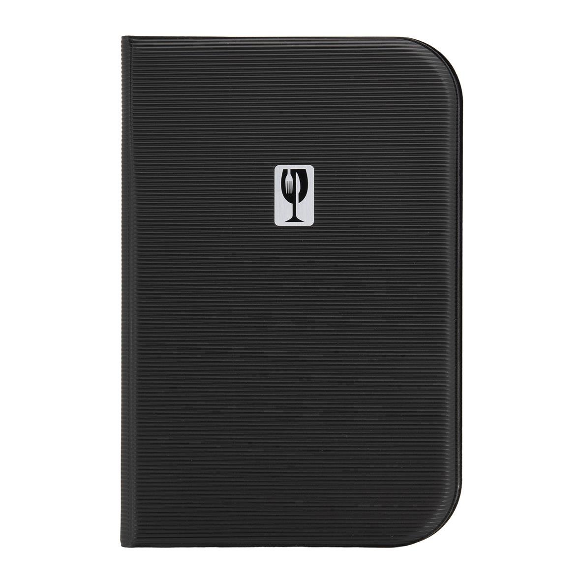 Svart menypärm Securit Essential i A5-storlek med ribbad yta och logga på framsidan