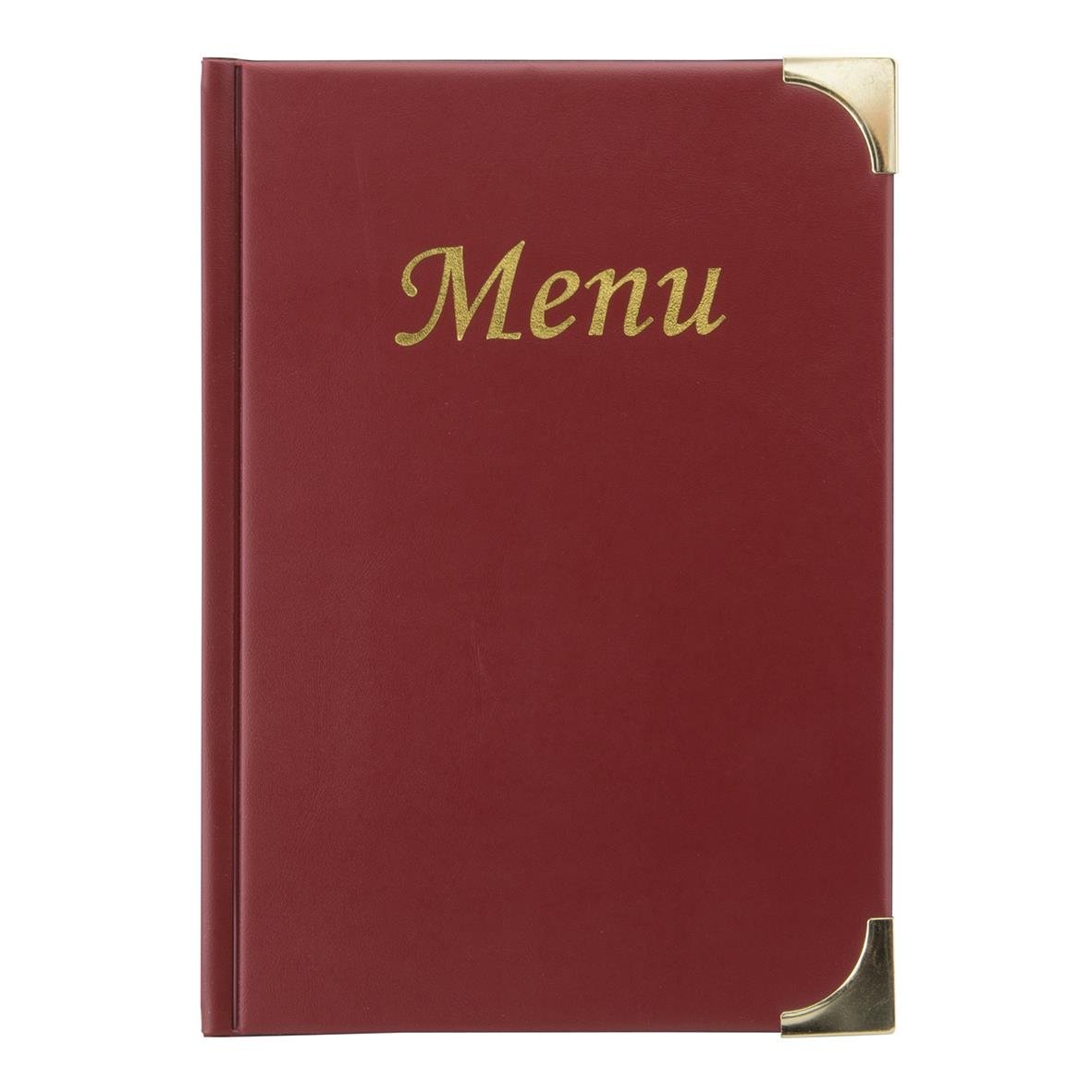 Vinröd menypärm Securit Basic A5 med guldfärgad text och metallhörn