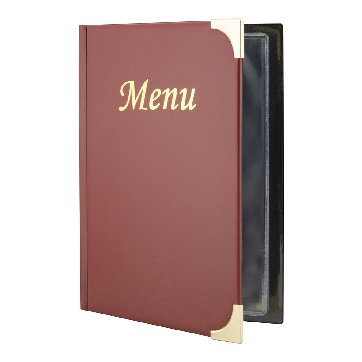 Vinröd menypärm Securit Basic A5 med gul text och plastficka inuti