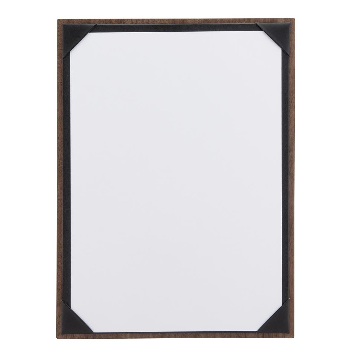 Menyrhållare Securit Walnut A4 med svart ram och vinkelbeslag i hörnen