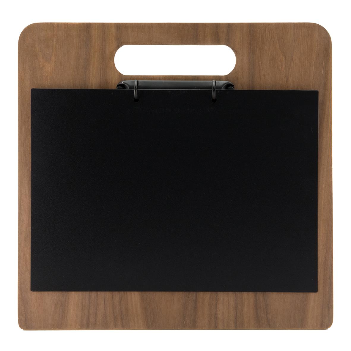 Menyrhållare i trä med svart skrivtavla och handtag för A4-ark