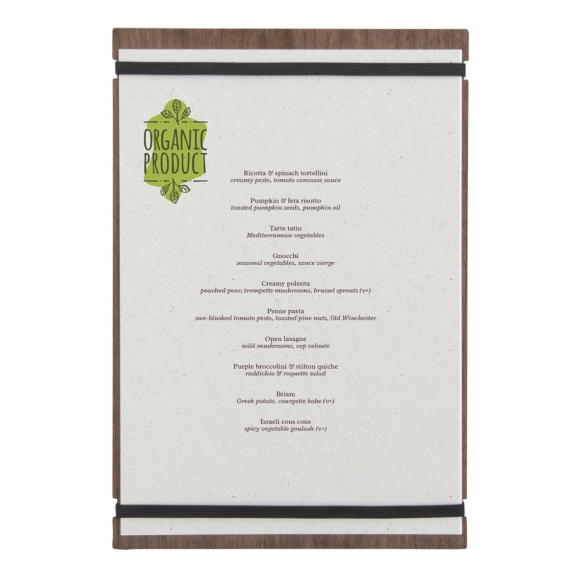 Menyrhållare Securit Walnut med band för A4, träfinish och justerbar topp