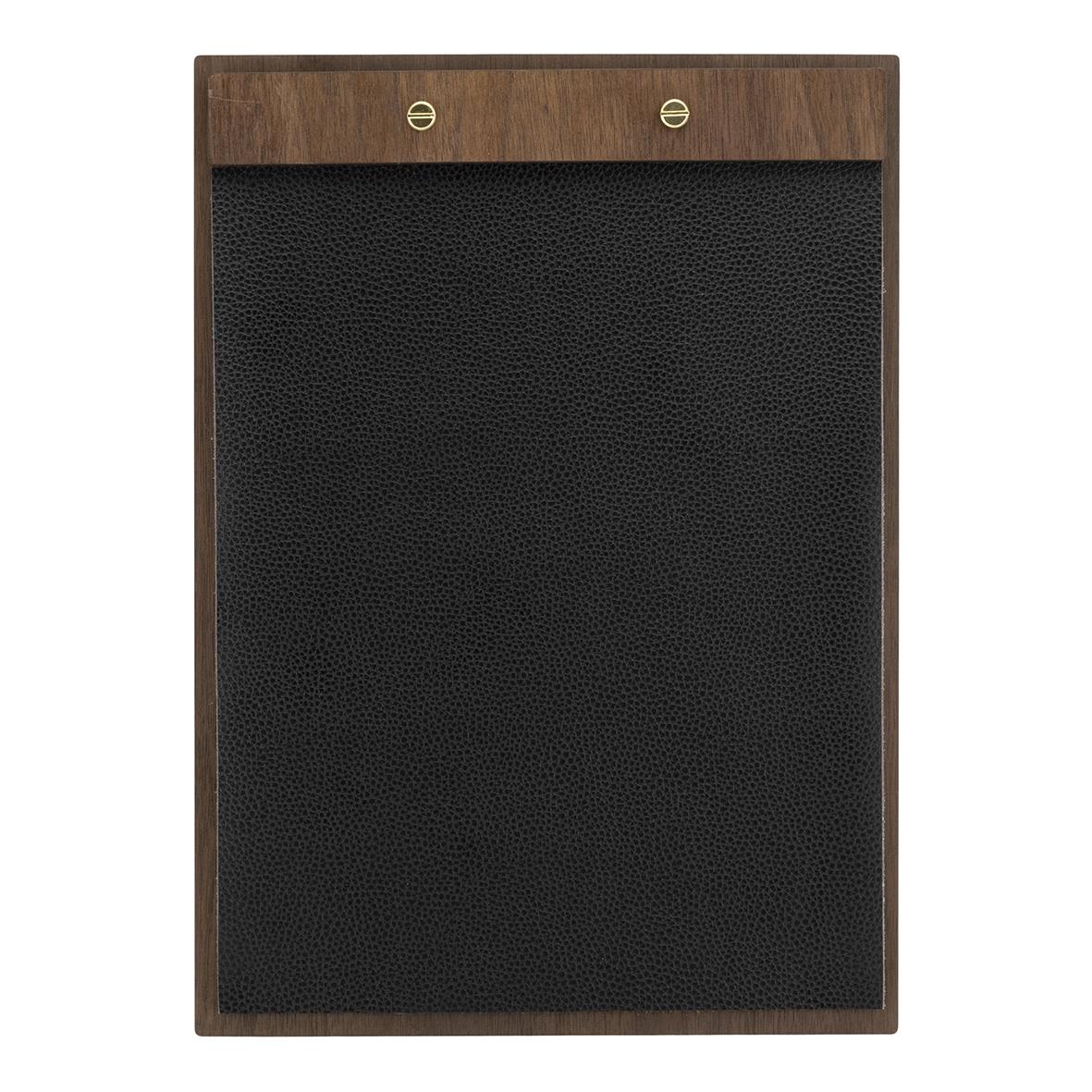 Menyrhållare Securit i trä och läder för A4, svart griffeltavla med träram