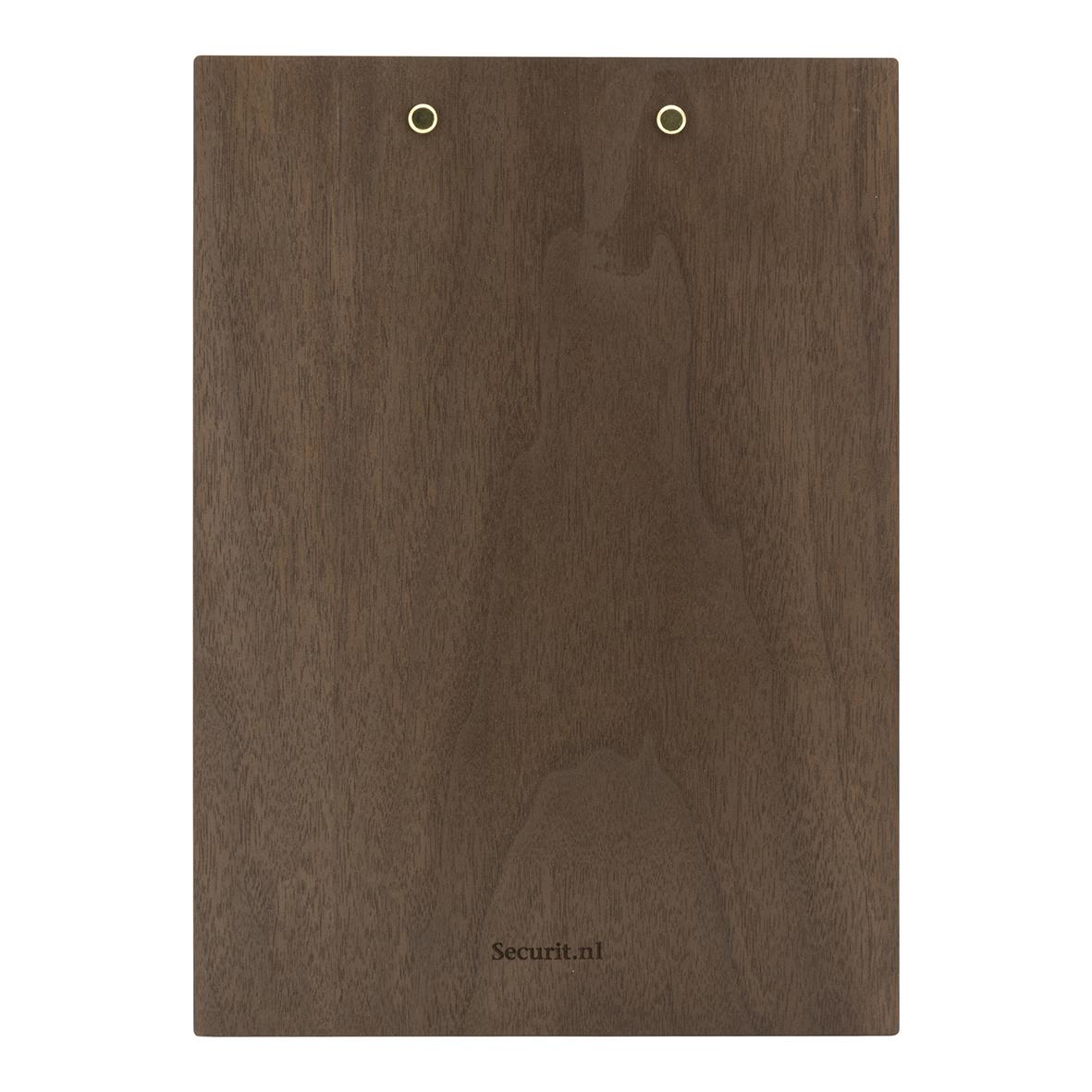 Menyhållare i trä och läder för A4, brun färg, med två metallögon för upphängning