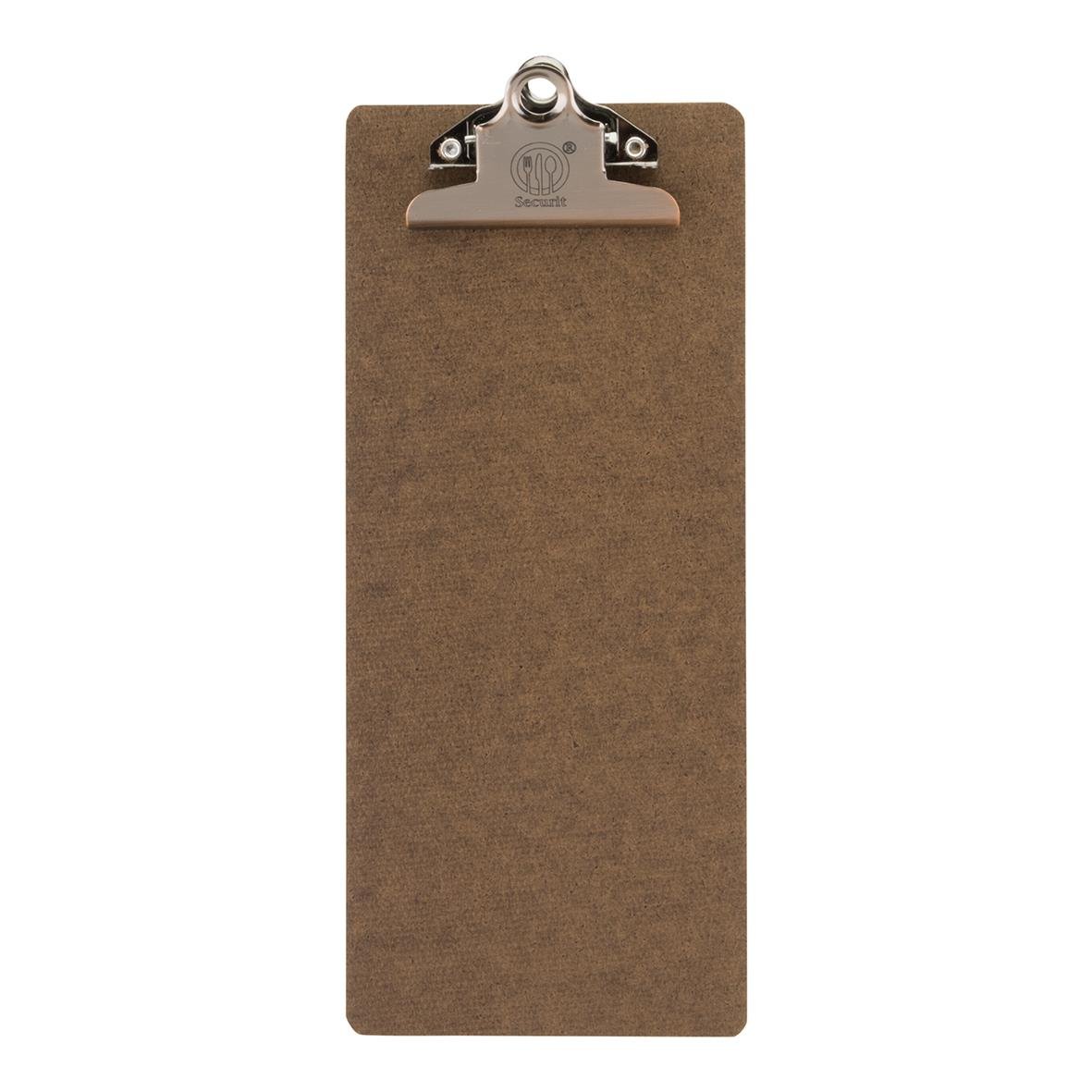 Brun notbricka med klämma och metallclip, mått 27,8x11,4cm