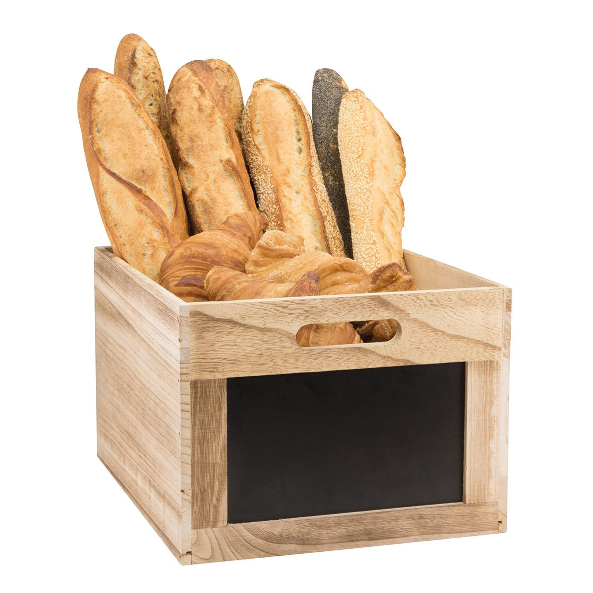 Menybox Securit med brunt griffeltavla och olika sorters bröd i en träbox