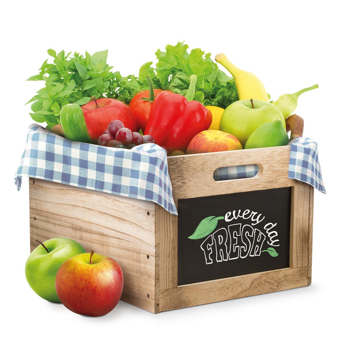 Trälåda med grönsaker och frukt, samt griffeltavla med text every day FRESH