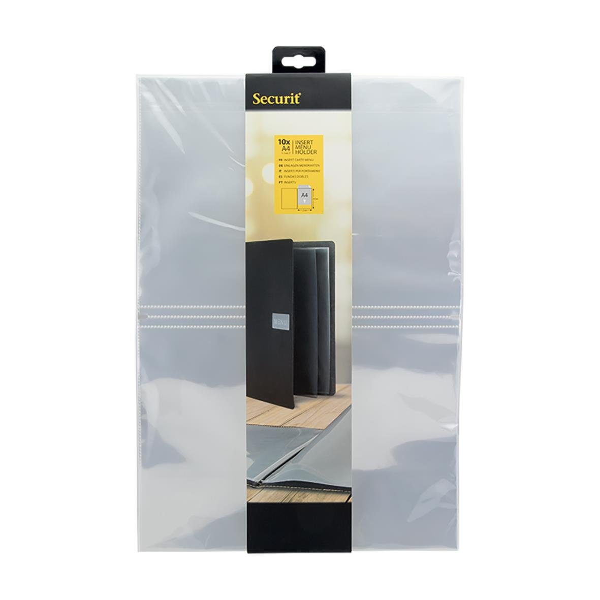 Transparent plastficka Securit för menypärm A4, 10-pack