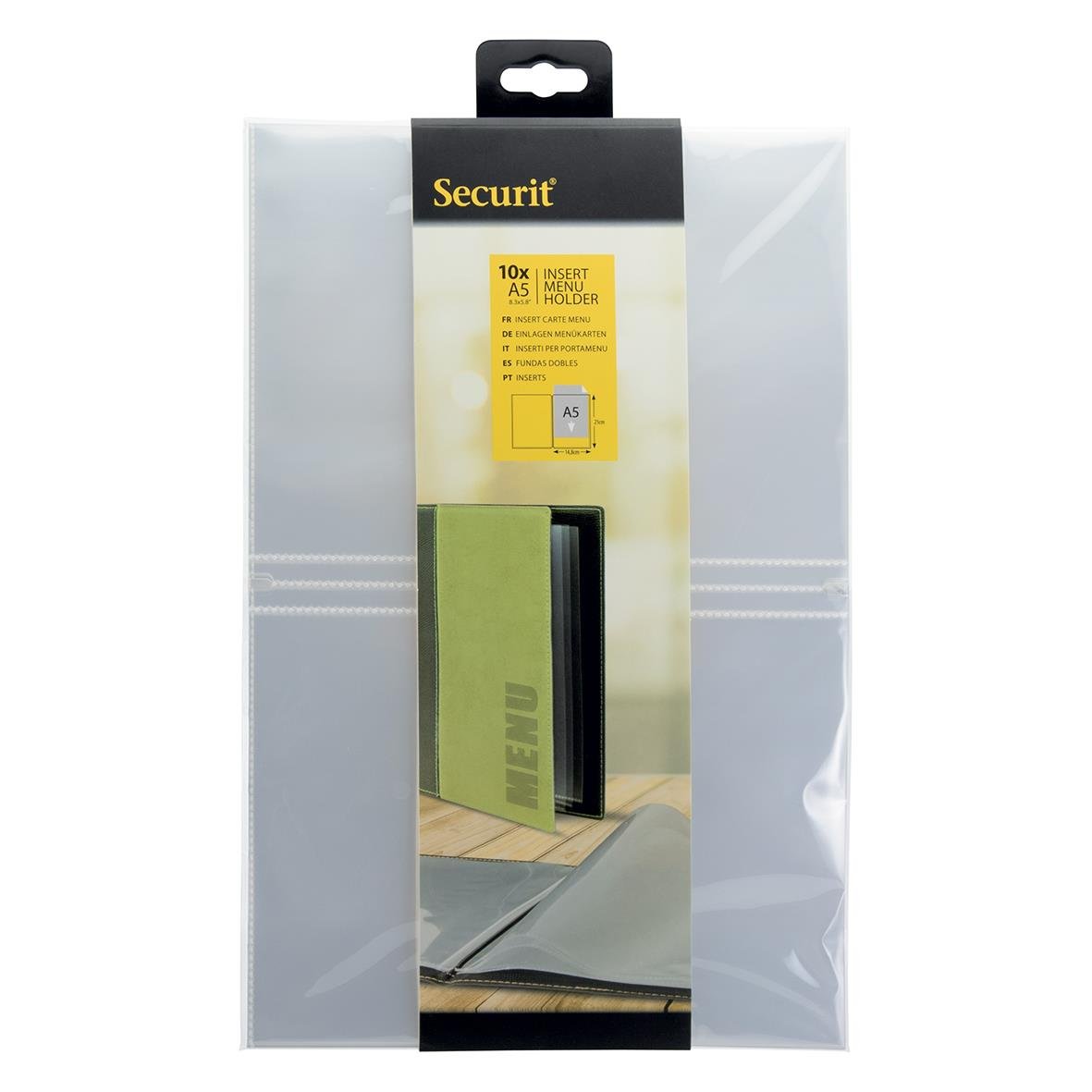 Plastficka Securit till menypärm, transparent, A5, 10-pack