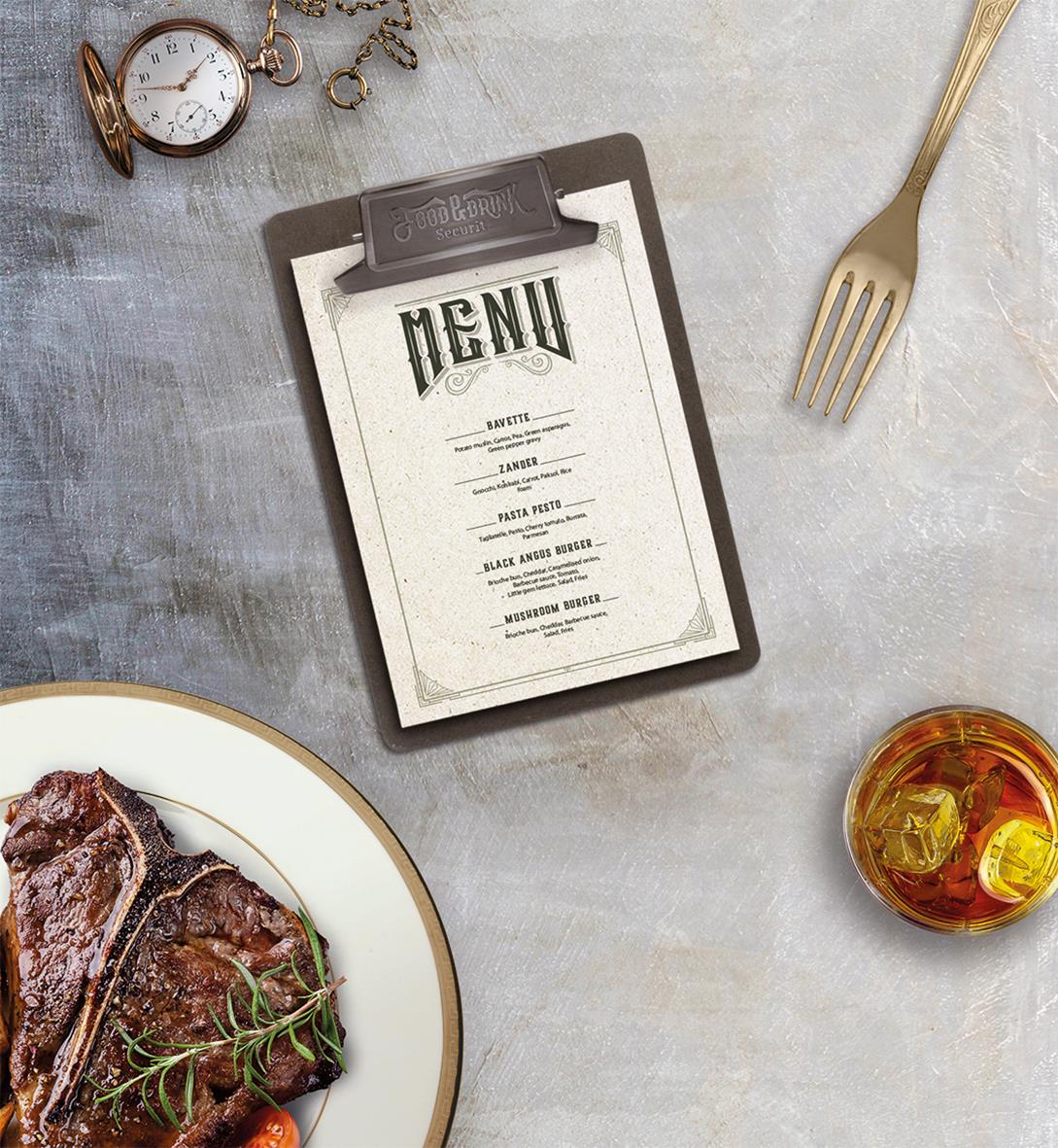 Menyhållare Securit Vintage med klämma i grå färg, A5 storlek, placerad på bord med mat och bestick