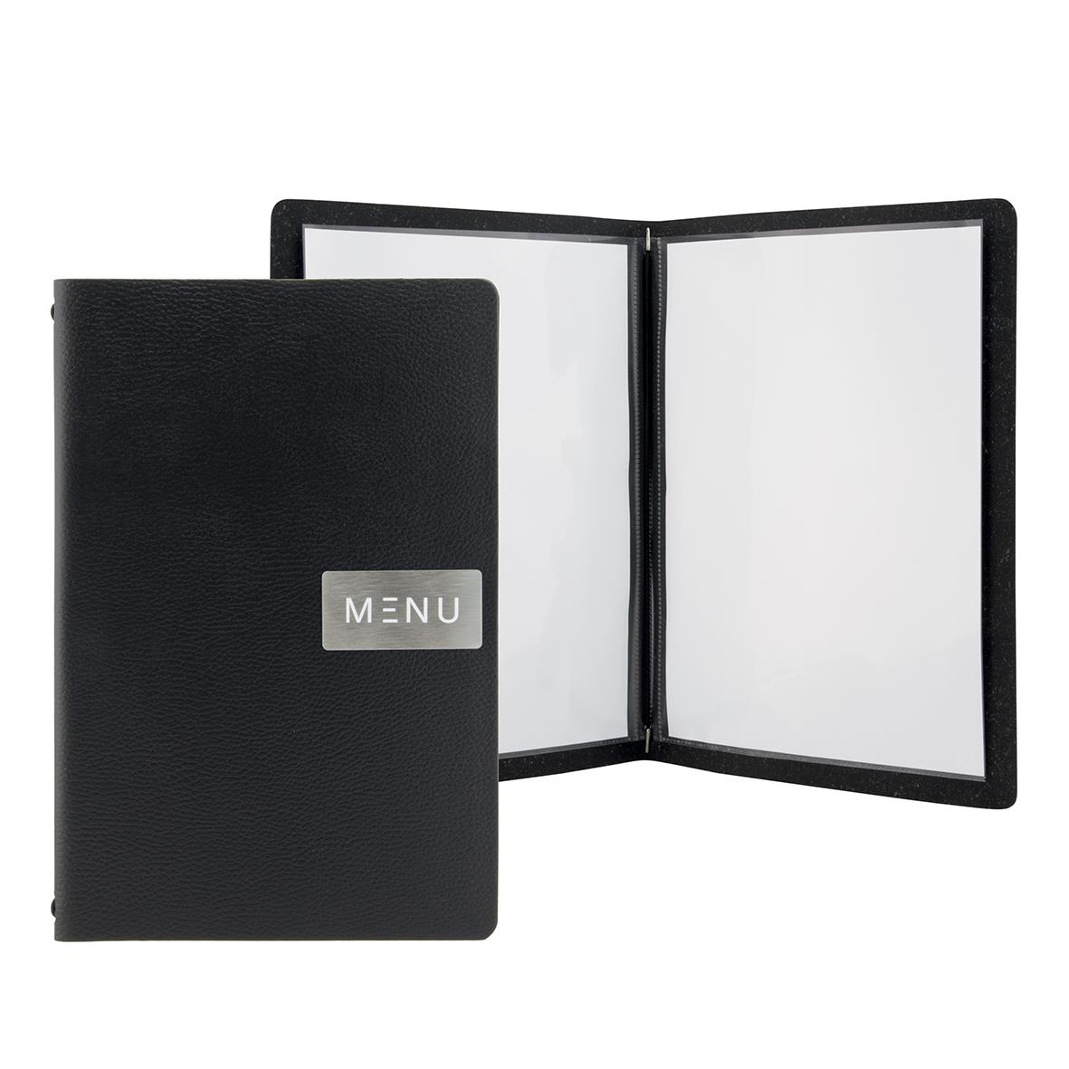 Svart menypärm i A5 storlek med texten MENU, öppnad för att visa tomma sidor