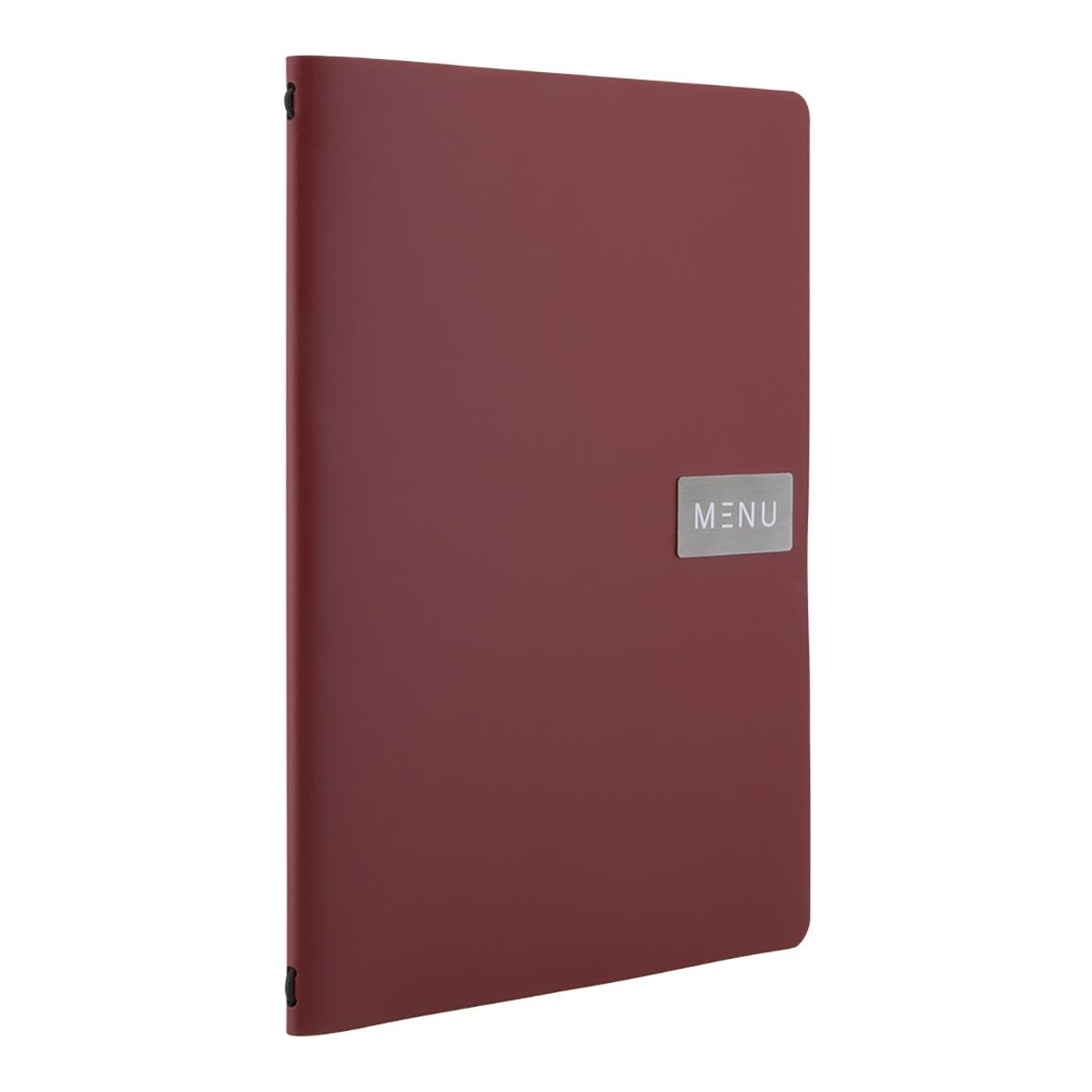 Röd A4 menypärm med silverfärgad etikett som säger MENU