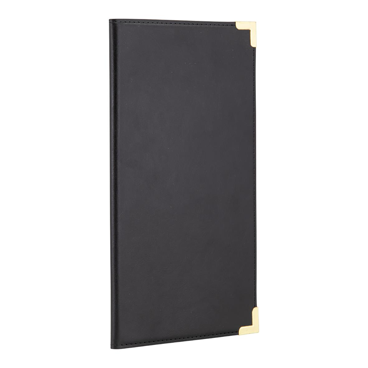 Svart notpärm med guldfärgade hörn och klassisk design