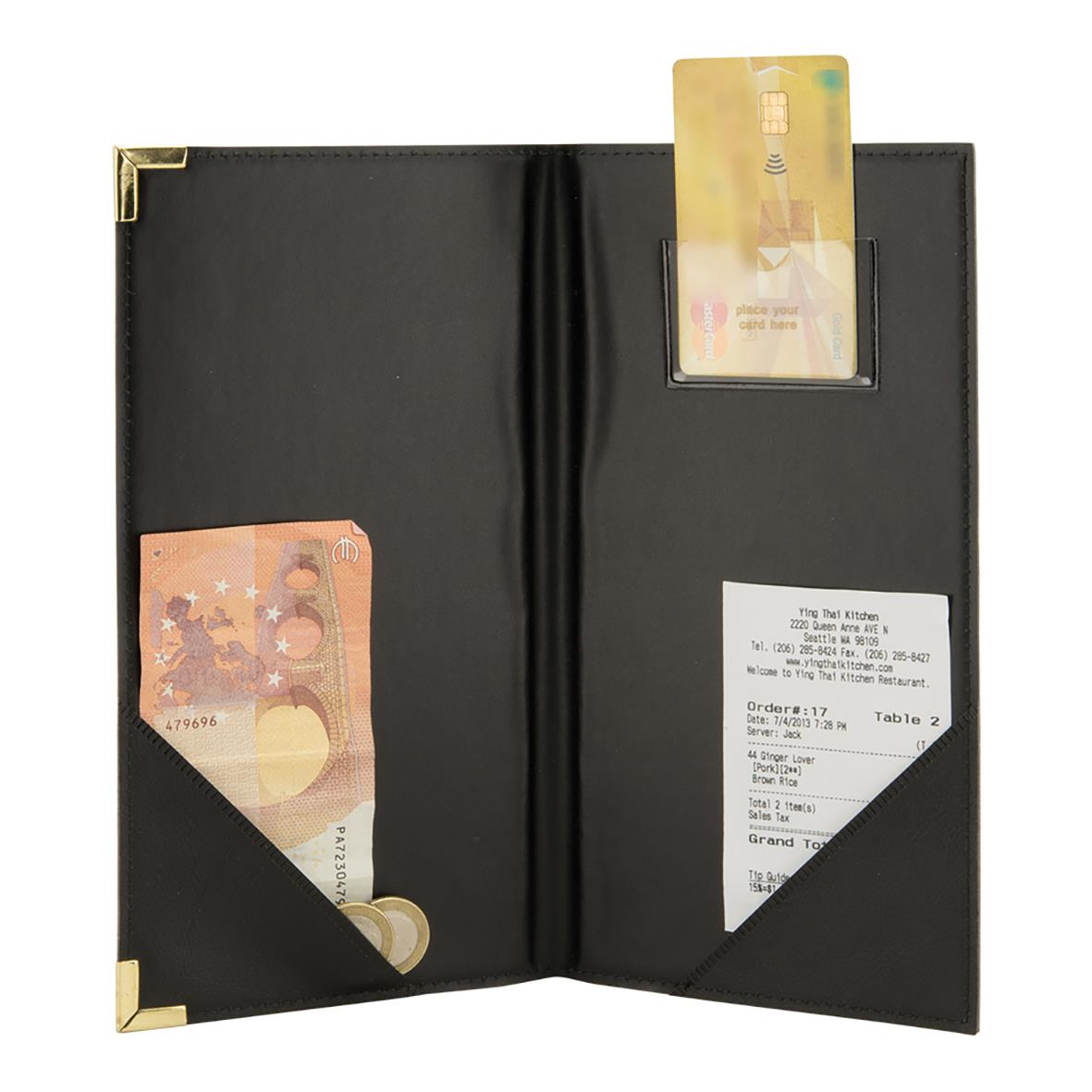 Svart notpärm med plats för kort och kvitton, öppnad