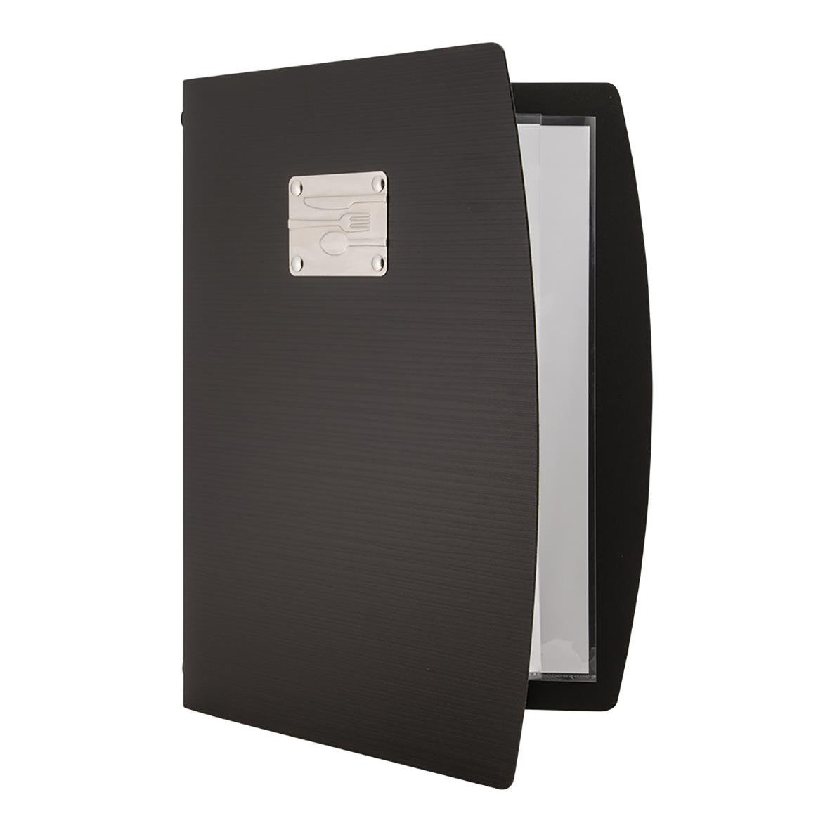 Svart menypärm med besticklogga och lås för A4-ark