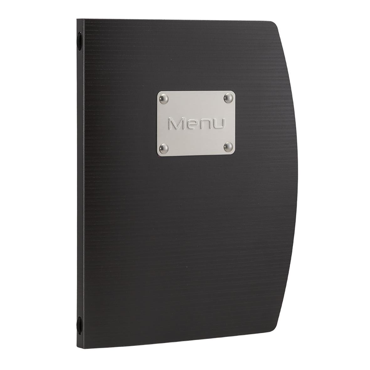 Svart A5 menypärm från Securit Rio med metallskylt märkning