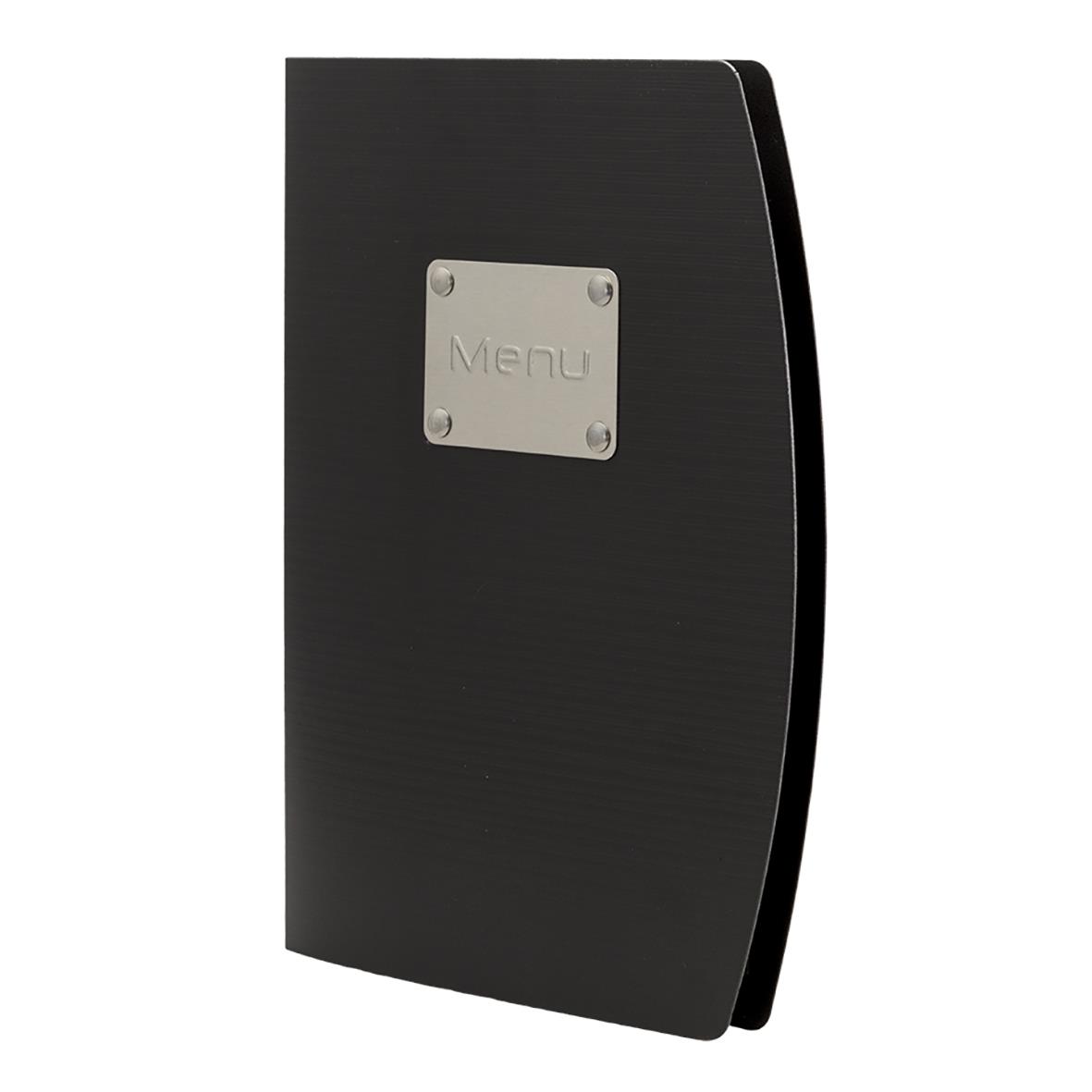 Svart A5 menypärm med säkerhetslås och metallskylt med texten Menu