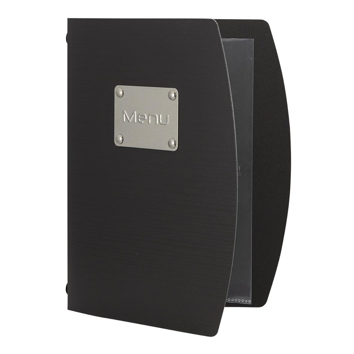 Svart menypärm Securit Rio i A5-storlek med metallskylt som säger Menu