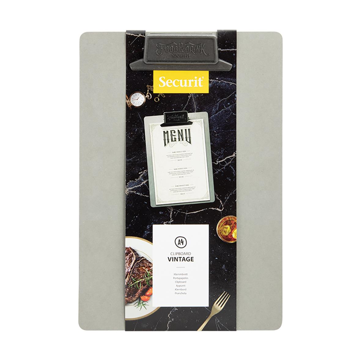 Menyhållare Securit Vintage med klämma i grått för A4-dokument