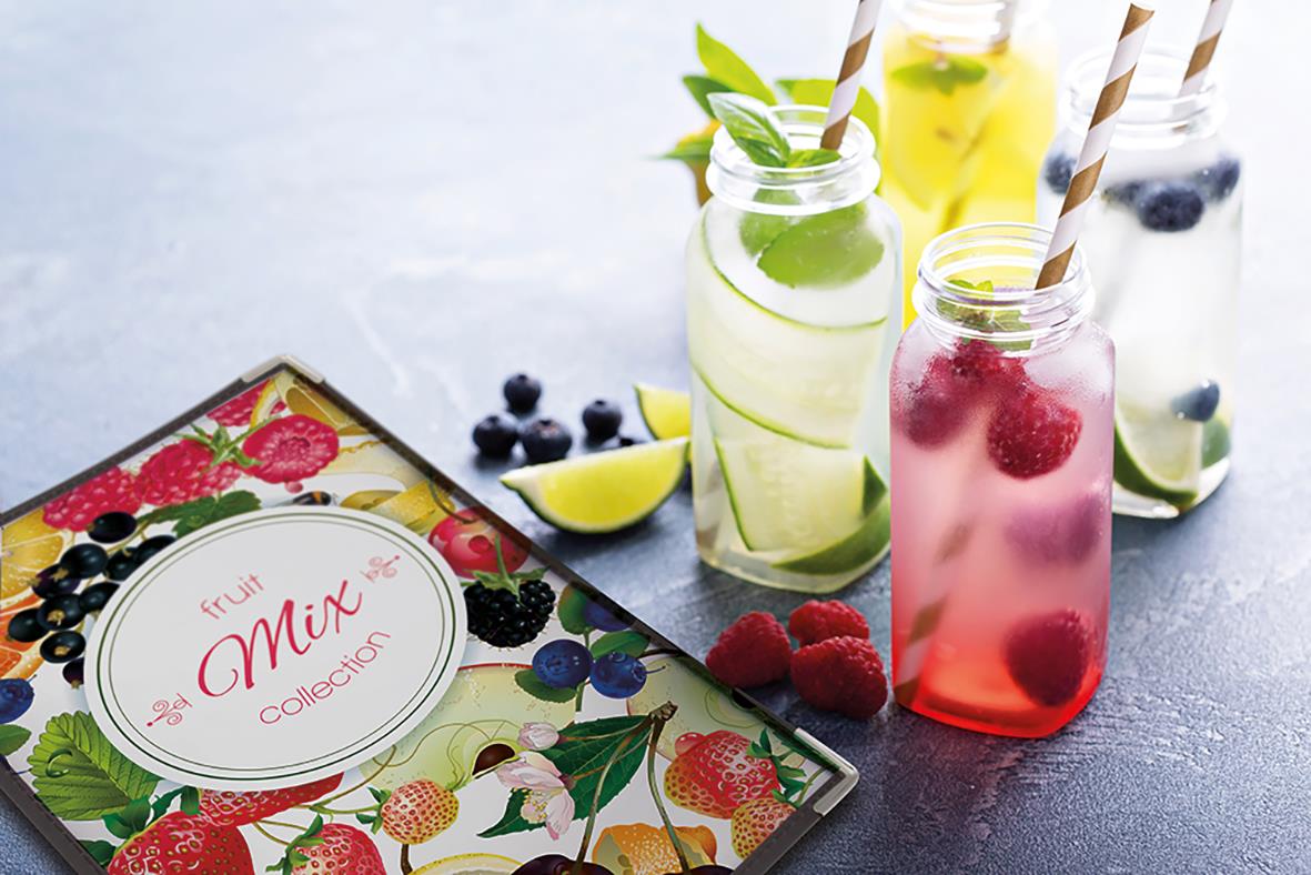 Menypärmsset Securit Crystal Enkel Brun A4 med frukt- och bärmotiv samt dryckesflaskor