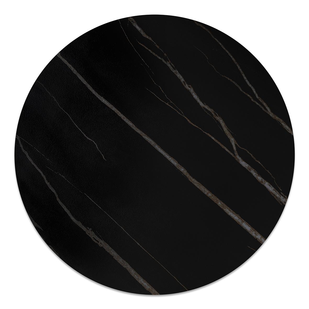 Svart bordsskiva i sten med vita ådringar, diameter 60 cm