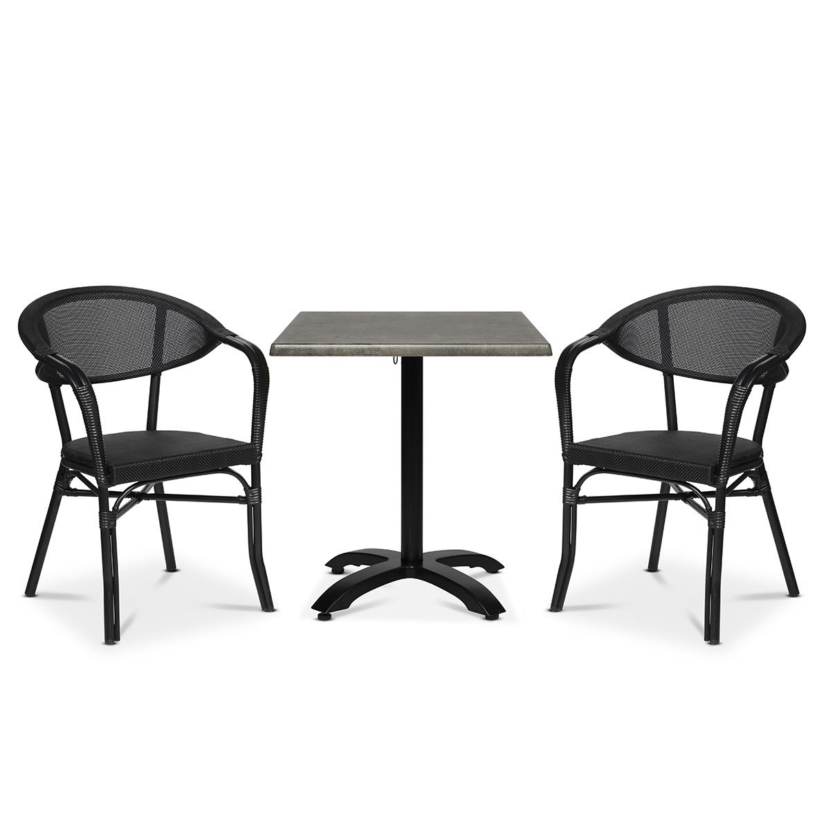 Utestol Monaco med svart sits och ryggstöd, samt ett litet bord mellan två stolar