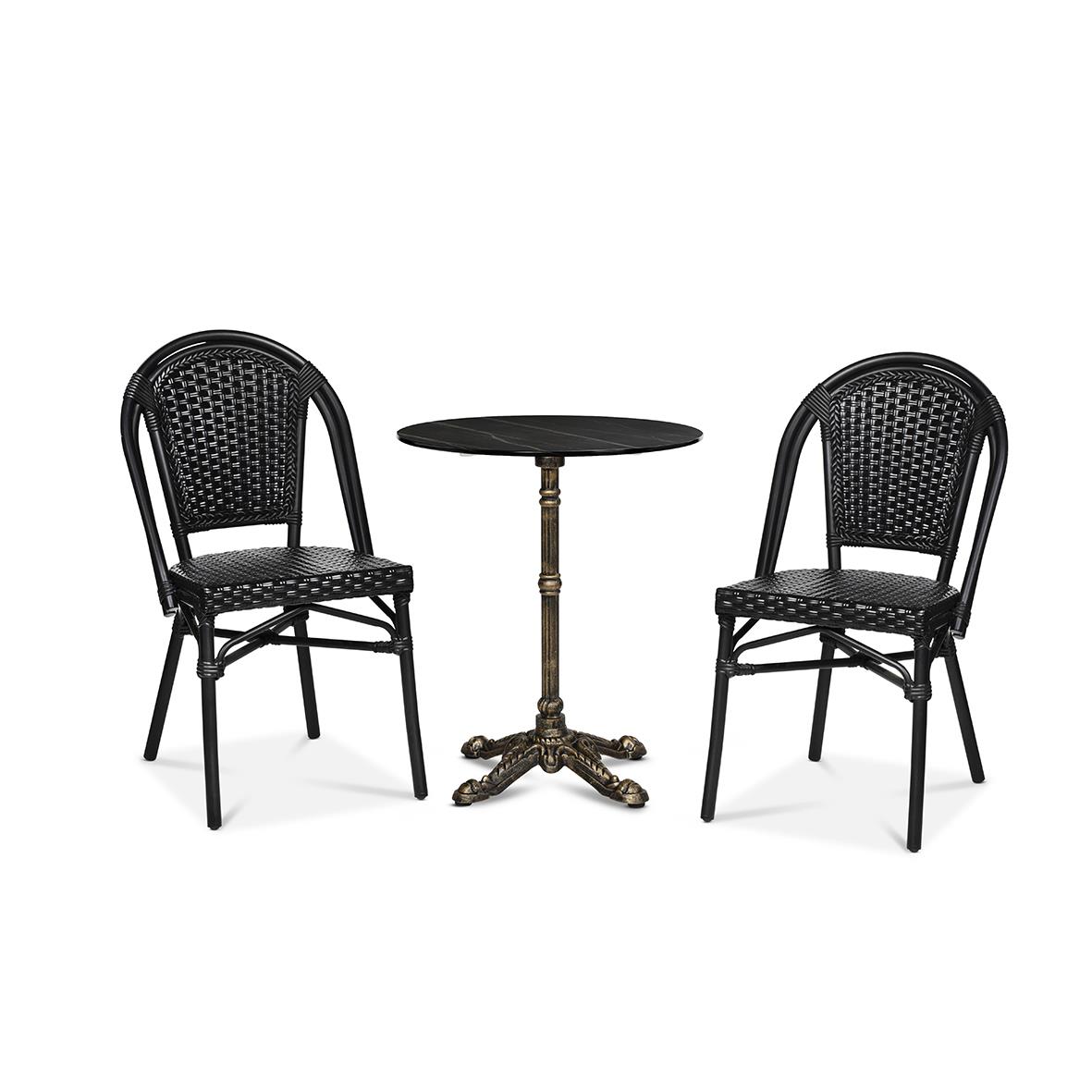 Utestol Paris Fiberrotting Svart med rund bord mellan två stolar