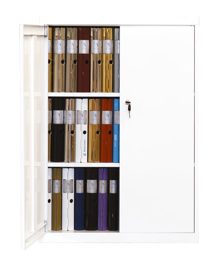 Förvaringsskåp Agrippa 1100 i vitt med 2 fasta hyllor, 80x40x110cm, öppet med många arkiveringsfiler